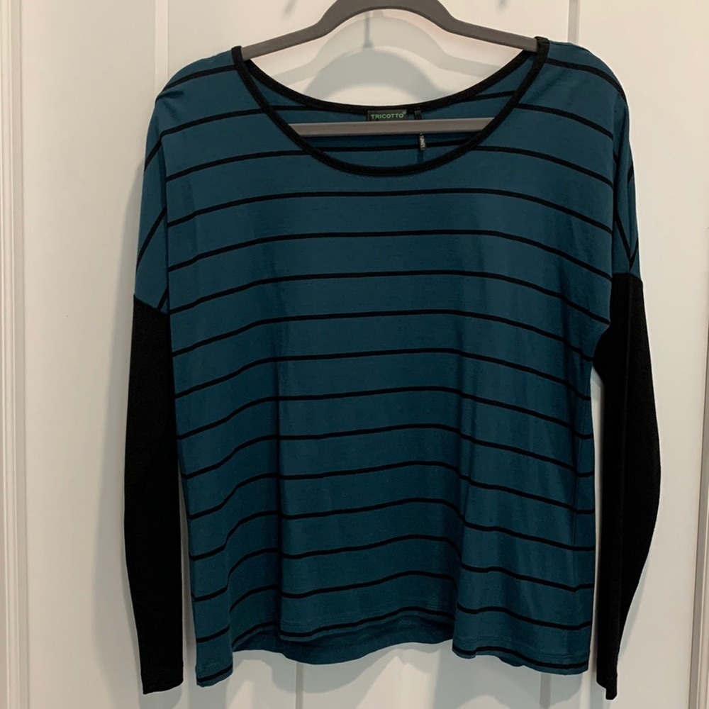 Tricotto Teal Blue Black Stripe Scoop Neck Drop Shoulder Boxy Top Women's Size S